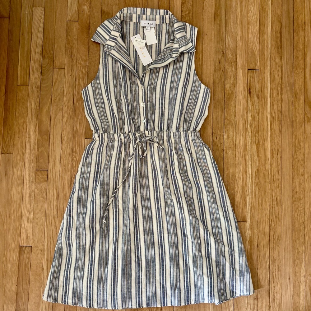 NWT Gilli Blue & White Striped‎ A-Line Mini Summer Linen Blend Dress Sz M Casual
